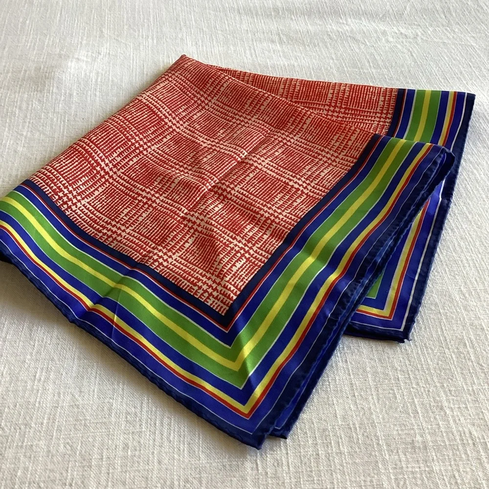 Glentex Scarf Made in Japan Square Red Houndstooth Multicolor Stripe Vintage